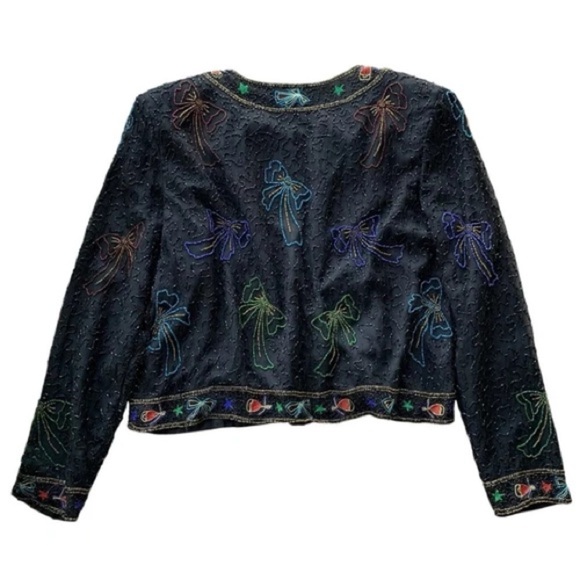 Vtg Stenay Silk Beaded Embroidered Bows Bells Cropped Formal Jacket Black Size M - Picture 2 of 8